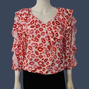NEW YORK & CO Red Kiss Lips Print Ruffle Jabot Blouson Valentine's Blouse